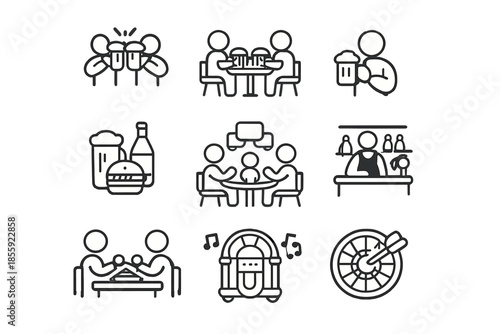 Collection of outline icons representing bar activities and entertainment