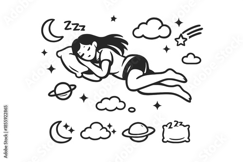 Dreaming Girl Floating Among Stars and Planets