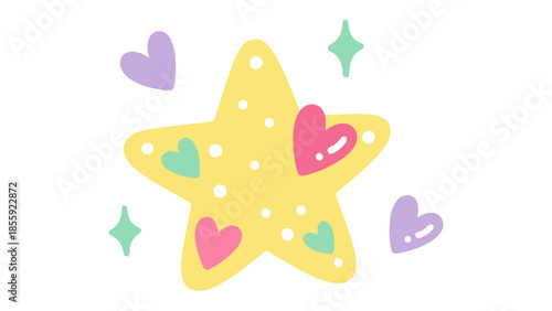 Playful Starry Delight: A cheerful cartoon star, adorned with colorful hearts and sparkling accents, radiates positivity and joy, perfectly capturing the essence of fun and fantasy.