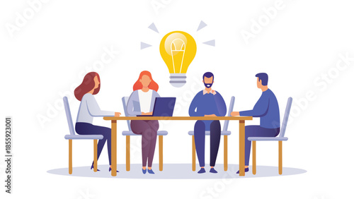 Four diverse colleagues brainstorming around a table with a lightbulb idea