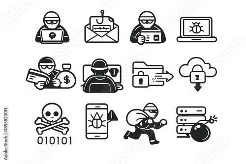 Cybersecurity Icons - Cybercrime and Hacking Concepts