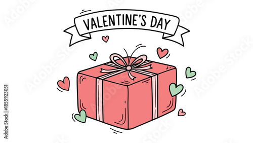 Valentine's Day Gift: A charming illustration captures the essence of Valentine's Day with a beautifully wrapped gift box, adorned with delicate hearts and a banner that proclaims the occasion.