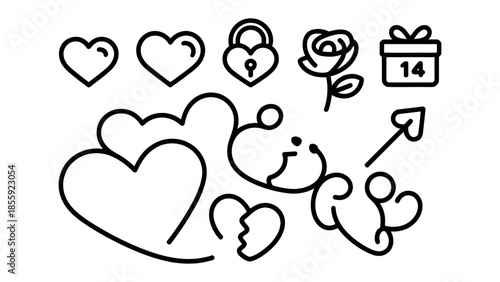 Love's Symbolism: A collection of charming outline illustrations featuring hearts, roses, and other elements, perfect for expressing feelings of love.