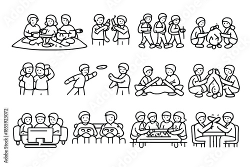 Collection of cartoon stick figures engaged in various activities