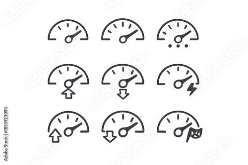 Set of 9 dashboard gauge icons with various indicators