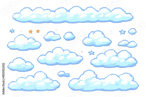 Cartoon clouds and stars on a striped background