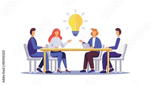 Four business people sitting at table with lightbulb above representing idea and teamwork