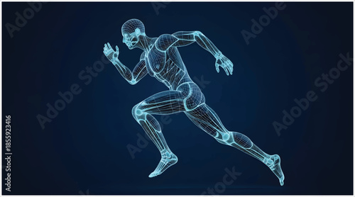 Advanced digital rendering of a human athlete's anatomy in motion. Vector wireframe illustration.