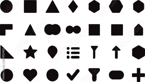 Set of dark gray basic geometric shapes and icons on white background