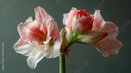 Bright pink amaryllis flowers bloom beside each other in simple arrangement against a neutral background during daylight hours