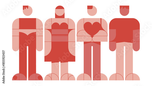 Conceptual Ensemble: An artistic representation of a diverse group of individuals, each figure exuding a unique emotion, connected by a shared human experience of love, compassion and connection.