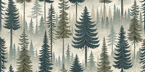 Vintage forest seamless pattern with dense pine trees in hand drawn etching style