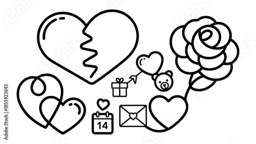 Love Symbols: This illustration showcases a series of heartfelt love symbols, each telling a unique story of romance and affection, perfect for evoking sentiments of love and connection.