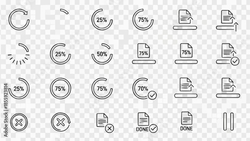 Collection of progress and loading icons with document status indicators.