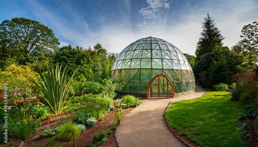Fototapeta premium geodesic dome greenhouse showcasing eco friendly design in vibrant greens and browns surrounded by lush gardens and a winding pathway
