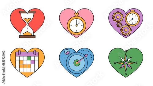 Heart-Shaped Concepts: A collection of heart-shaped illustrations each showcasing distinct themes related to time, measurement, and schedules.