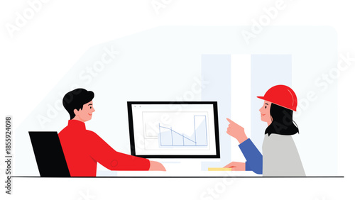 Two people discussing project data on a computer screen at a desk with a graph