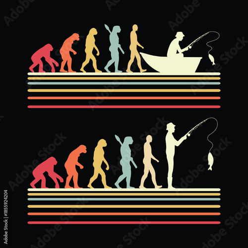 Colorful evolution of man to fisherman illustration showing stages from ape to modern human ending as a seated angler with fishing rod, all walking on retro horizontal rainbow