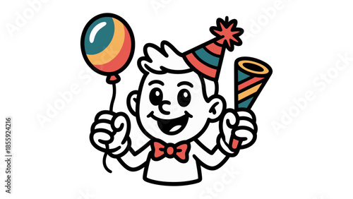 Joyful Celebration: A charming illustration capturing the excitement of a party with a cheerful figure, adorned with party supplies. 