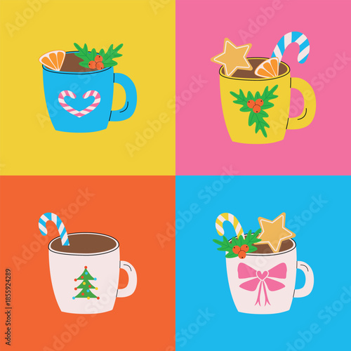 Set of Christmas hot chocolate cups. A wintery Christmas   cup  with a hot drink in a flat style. Vector illustration.