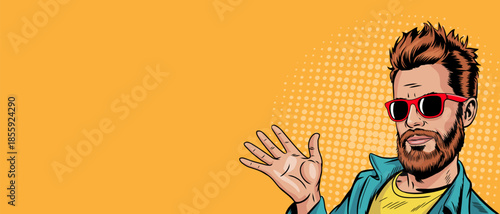 A man in glasses points at something pop art