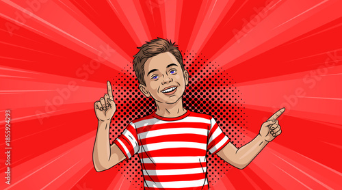 A cheerful boy points at something pop art