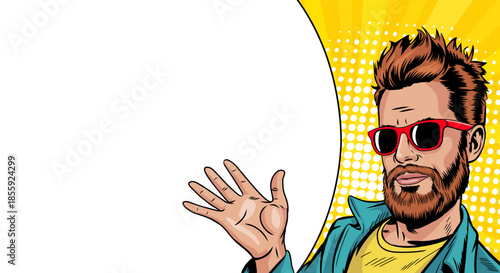 A man in glasses points at something near an empty pop art banner