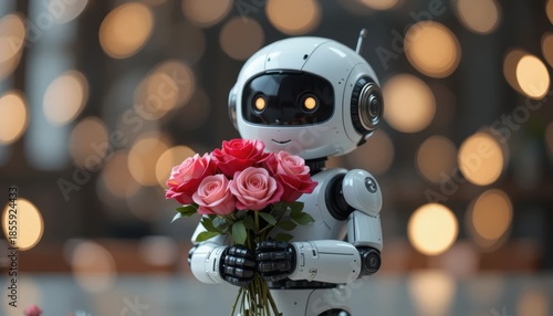 Robot holds bouquet of roses for Valentine's Day celebration in a bright setting Generative AI