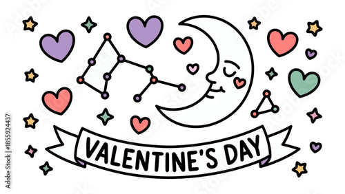 Valentine's Day Illustration: a vibrant illustration that encapsulates the spirit of Valentine's Day. Featuring hearts, a crescent moon, and stars, this image radiates joy and affection.