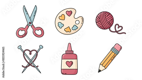 Creative Craft Tools: A collection of crafting tools, including scissors, a paint palette, yarn, knitting needles, glue, and a pencil, evokes the joy of hands-on creativity and artistic expression.