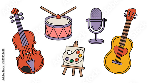 Creative Tools: Diverse collection of art and music tools, ready for artistic expression and musical performance. perfect illustration of creativity and artistic inspiration.