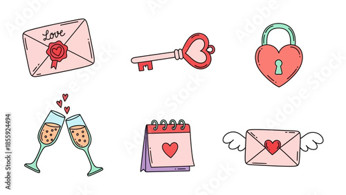 Love Emblems: A charming collection of love symbols, including an envelope sealed with a heart, a key with a heart-shaped handle, and a heart-shaped lock, along with champagne glasses.