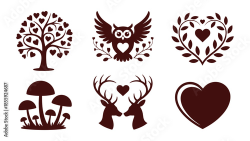 Love in Nature's Embrace: An enchanting assortment of charming graphic icons. Showcasing a variety of hearts, owls, deers, mushrooms and trees in dark brown tone. 