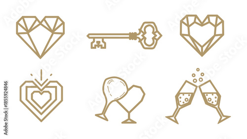 Elegant Symbols of Celebration: A sophisticated arrangement of golden-toned geometric hearts, an ornate key, and celebratory champagne glasses, exuding a sense of luxury, romance.