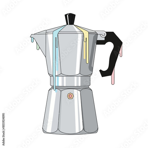 Eccentric Italian Coffee Maker Illustration with Drips of Surreal Colors and Artistic Touch