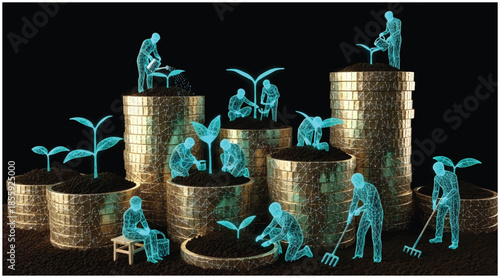 Digital People Tending Plants on Coin Stacks: Future of Finance & Investment Growth. Vector wireframe illustration.