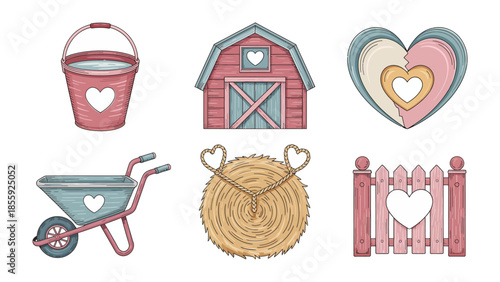Cute Countryside Elements: Charming illustrations of a bucket, barn, heart, wheelbarrow, hay bale, and fence, each adorned with hearts, evoke a sense of warmth, love, and rustic charm. 