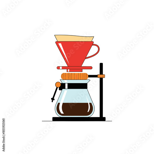 Minimalist coffee brewing setup, showcasing pour over process in a stylized illustration coffee