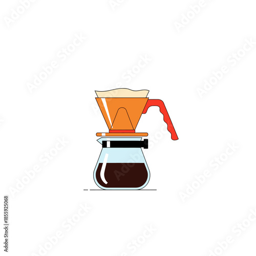 Minimalist coffee brewing device, glass carafe with filter, ready for beverage infusion process