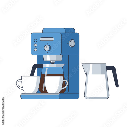 A modern blue coffee maker illustration featuring coffee cups and milk pitcher for refreshment