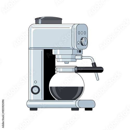 Modern electric coffee maker illustration showcasing brewing process and minimalist design appliance