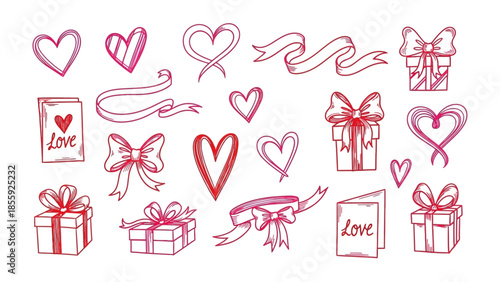 Love and Gift doodle set: A vibrant doodle set captures the essence of love and celebration, with a charming collection of hearts, ribbons, bows, and gift boxes. Perfect for conveying warmth.