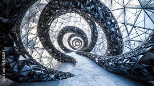 Complex 3d spiral structure with geometric pattern and metallic finish