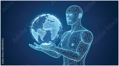 Futuristic Wireframe Human Holding Digital Globe: Global Tech & Future Innovation Concept. Vector wireframe illustration.