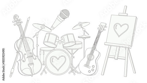 Musical Heart's Creative Canvas: A harmonious collection of artistic tools, encompassing a violin, drum kit, guitar, microphone, and a heart-filled canvas.