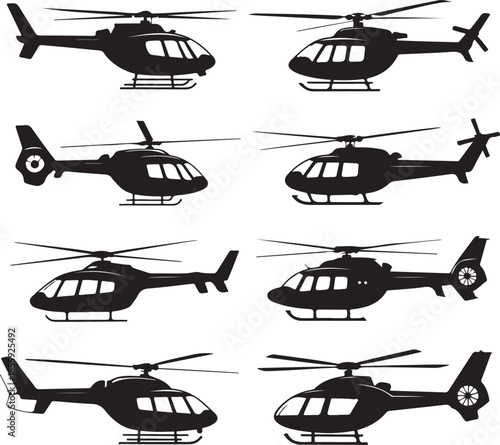 Collection of modern helicopters in various perspectives isolated on transparent