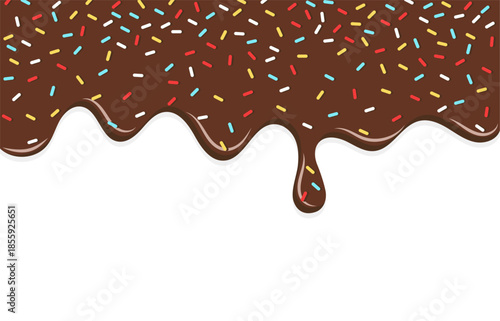 Dripping brown sweet donut glaze vector background, Colorful sprinkles banner background