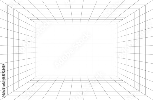 Empty futuristic digital box room. Wireframe grid template in perspective