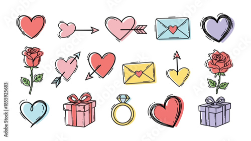 Love-themed doodle elements: A collection of hand-drawn illustrations featuring hearts, arrows, roses, gifts, and engagement ring, creating a sweet and romantic atmosphere.