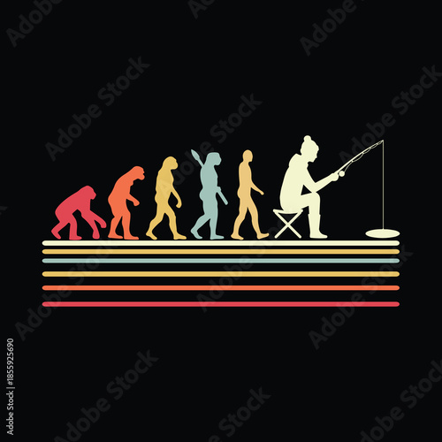 Colorful evolution of man to fisherman illustration showing stages from ape to modern human ending as a seated angler with fishing rod, all walking on retro horizontal rainbow
